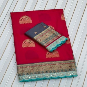 Sari VASTRA COTTAGE de seda suave Banarasi con bordado de lentejuelas y ribete, sari étnico con blusa en contraste - Product Image 5