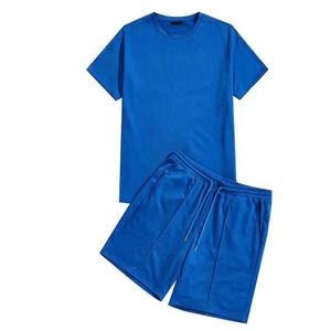 100% algodón poliéster Slim Fit manga corta cuello redondo Color azul conjunto doble camisetas y pantalones cortos conjuntos ropa de hombre de talla grande - Product Image 1