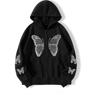 เสื้อฮู้ดผู้ชายไซส์ใหญ่พิเศษ ลายผีเสื้อแบบสั่งทำพิเศษ ทรงหลวม มีกระเป๋า ซิปแบบสวมหัว ประดับคริสตัล - Product Image 1