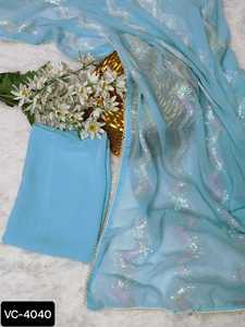 นักออกแบบใหม่ผู้หญิงงานแต่งงานสวมใส่ผ้าซิ่น Georgette นุ่มด้วยงานเย็บปักถักร้อยและลําดับงานสารีพร้อมเสื้อแฟนซีชิ้นชุดสูทอินเดีย - Product Image 5