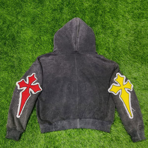 2024 nouveauté hommes lavage à l'acide sweat à capuche zippé 400Gsm poids lourd épais coupe en détresse coudre Vintage sweats à capuche pour l'hiver - Product Image 5