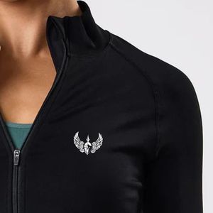 Veste de sport noire légère pour femme, entièrement zippée, à col montant, idéale pour l'entraînement, la course et le fitness, comme couche extérieure. - Product Image 4