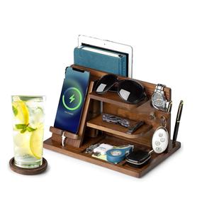 Station d'accueil en bois avec compartiment pour ordinateur portable et sous-verre plateau en bois de frêne caddie de chevet organisateur de table de chevet, organisateur d'entrée - Product Image 1