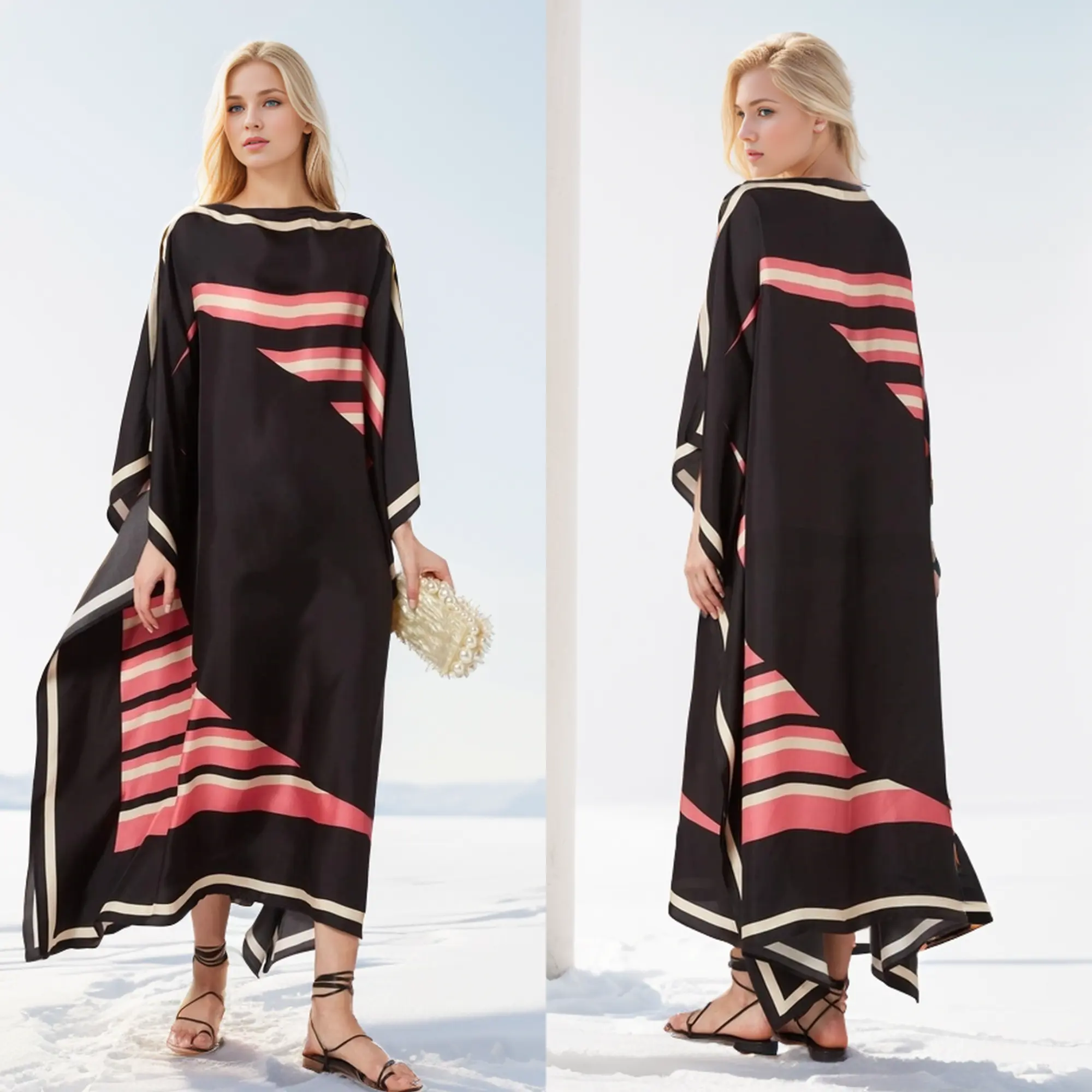 Elegant Black Abstract Printed Kaftan Top For Women's - Perfect for Beach & Casual Outings