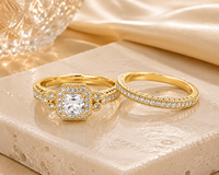 Ensemble de bagues de mariage pour femme, zircone cubique AAA+, coupe coussin, halo, bagues de fiançailles, plaqué or blanc sur cuivre, ensemble de bijoux de mariée