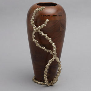 Grand vase à fleurs en bois brun avec branche en métal doré, décoration élégante pour le salon, style côtier pour anniversaire - Product Image 1