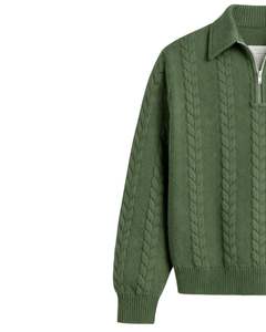 Manufacturer Customized <b>Men</b> Quarter Zip Cable Knit Sweater Dark Green Vertical Pattern High Neck Warm Winter Casual Pullover OEM - Product Image 3