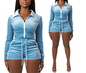 Spring <b>Lounge</b> Wear 2025 Custom Logo Rhinestone Crop Velour Two Piece Tracksuit Zip up Sweatshirt <b>Shorts</b> Set Velvet Womens Sets - Product Image 3