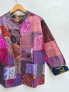 เสื้อโค้ทผ้าไหมซารีวินเทจทำมือ ผ้าฝ้ายระบายอากาศ บุใยฝ้าย ตัดต่อผ้าปะติดปะต่อ ปักลาย กระดุมสองแถว ลายสก็อต สำหรับผู้หญิง - Product Image 3