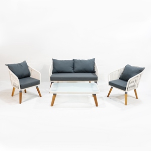 ชุดเฟอร์นิเจอร์ระเบียงเก้าอี้โซฟาและโต๊ะกาแฟ4ชิ้นทำจากเชือกพร้อมกรอบโลหะและขาไม้ - Product Image 2