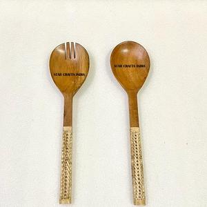 Premium Handle Design <b>Salad</b> <b>Server</b> Durable Wood <b>Salad</b> Mixing Dinner Fork & Spoon Long Handle <b>Salad</b> <b>Server</b> with Wicker Handle - Product Image 5