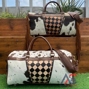 Nueva llegada 2025 diseño a cuadros bolso de lona de cuero de vaca a mano 2 piezas conjuntos combinados bolsa de viaje de gran capacidad para Unisex - Product Image 1