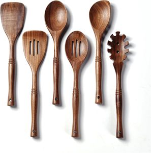 Juego de 6 cucharas de madera de acacia negra para cocinar utensilios de cocina de mango largo juego de servidor de ensalada único de 2 KETCHENWAR hecho a mano - Product Image 1