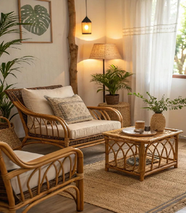 เตียงนอนกลางวันทำจากหวายทอพร้อมเบาะสีขาวและโต๊ะกาแฟทรงกลมมีจำหน่ายในราคาขายส่ง - Product Image 2