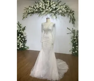 Best Price Wholesale wedding dress mermaid 2 in 1 design flower lace long tail add beading handmade for wedding dress