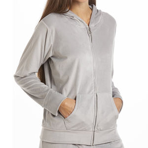 Ensemble de vêtements de sport en velours 100% coton avec logo personnalisé pour femmes, sweat à capuche en velours avec fermeture éclair et pantalon de jogging pour filles, prix de gros - Product Image 1