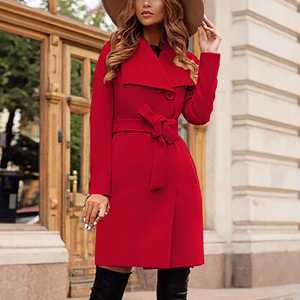 Maxi abrigo largo elegante de lana para mujer con solapa de cinturón Otoño Invierno prendas de vestir exteriores informales cárdigan suelto de Color sólido al por mayor - Product Image 2