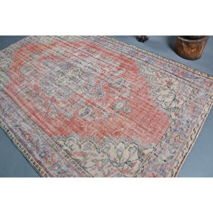 Tapis turc vintage bleu orange fait à la main 6.4x9.8 pieds Patchwork classique Design laine viscose pour salon Latex - Product Image 4