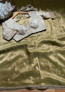 Ensemble de saree en filet sergé exclusif fil lourd et séquence de 9mm travail bordure en dentelle fantaisie vêtements ethniques de luxe - Product Image 5