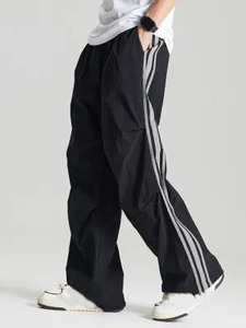 Pantalones de nailon transpirables unisex, venta al por mayor, de talla grande, impermeables, sueltos, a rayas, holgados, de gran tamaño, para correr, de pierna ancha, laterales - Product Image 2