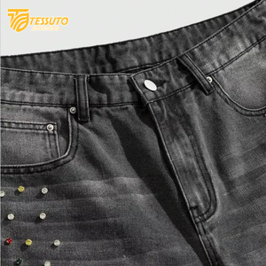 Women's Custom Summer Distressed <b>Denim</b> <b>Jogger</b> Sweat Shorts Baggy Puff Print Embroidery Rhinestone with Acid Wash French Terry - Product Image 1