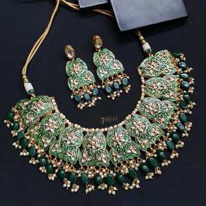 Tour de cou floral vert Meenakari avec boucles d'oreilles plaquées or ensemble de bijoux fins avec perles et diamants pour cadeaux de mariage - Product Image 1
