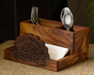 มีดแกะสลักมือนกยูงเต้นรำและที่วางเครื่องเขียนใน Sheesham อุปกรณ์ไม้แคดดี้ที่วางบนเคาน์เตอร์เครื่องใช้บนโต๊ะอาหาร - Product Image 2