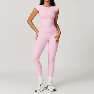 Conjunto de Yoga de estiramiento alto sin costuras para mujer, 2 uds., básico, Beige, rosa, Morado, azul sólido, rojo, rosa fuerte, manga raglán, Pulgar transpirable - Product Image 3