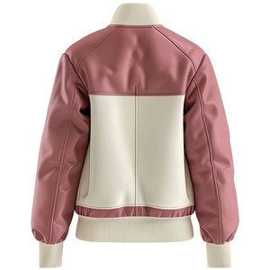 Rose <b>Pink</b> Women's Elegant Sports Leather Jacket Baseball Collar Button-Up Smooth Rib Knit Bomber Genuine Sheepskin Canvas <b>Fabric</b> - Product Image 2