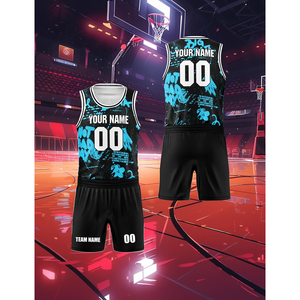 Ropa de baloncesto personalizable al por mayor transpirable y de secado rápido, diseño abstracto multicolor ideal para entrenar uniforme de baloncesto - Product Image 1