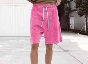 Customized Streetwear Acid Washed Rhinestone French Terry Pink Sweat <b>Shorts</b> for <b>Men</b> Embroidery Hip Hop Drawstring Summer Fashion - Product Image 5