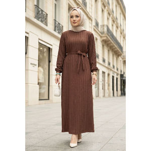 Zaranur Elegante Vestido Diario Modesto de Silueta Holgada Natural con Cinturón Desmontable Color Café, Liso, Lavable, Hasta la Rodilla, para Primavera, ODM - Product Image 1