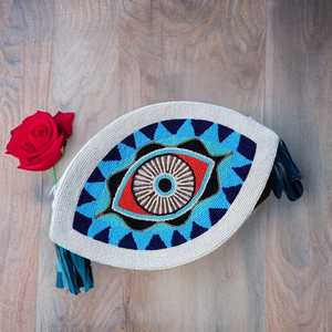 Bolso de mano y bandolera artesanal con cuentas de cristal de ojo turco, forma y color personalizables, estilo bohemio, protector contra el mal de ojo, para fiesta de noche, buena suerte - Product Image 1
