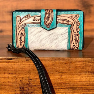 Patrón occidental, billetera tallada a mano, borde de embrague con color turquesa, billetera de piel de vaca, billeteras de usos múltiples - Product Image 2