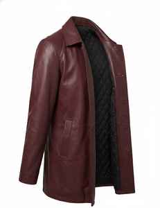 Manteau d'hiver pour homme en cuir véritable d'agneau bordeaux, style vintage indien, fermeture éclair 3/4, col montant, doublure matelassée - Product Image 1