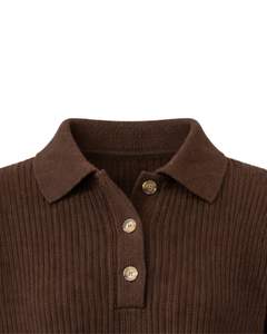 Pull polo court en tricot côtelé marron pour femmes avec patte de boutonnage, manches longues, doux, tendance d'hiver, haut décontracté pour femmes, chaud - Product Image 5