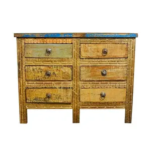 2023 New Arrival Modern Design High Quality Handmade Indian Carved Six Drawer Recycled Wood Cabinet Drawer Chest