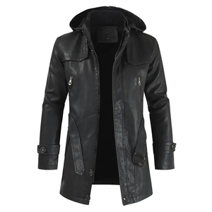 Manteau trench à capuche en cuir véritable pour homme, manches longues, fermeture éclair - Product Image 1