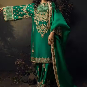 Listo para usar diseñador Salwar Kameez Dupatta vestido bordado trabajado pakistaní especial para fiestas Botón de encaje con lentejuelas Natural - Product Image 1