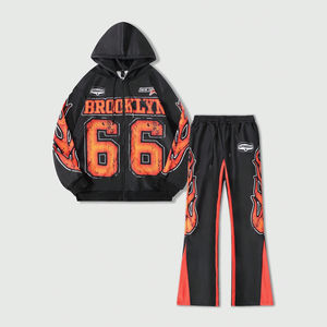 Nouvel ensemble de survêtement pour homme en polyester/coton respirant à séchage rapide, avec sweat à capuche zippé uni et pantalon large à cordon de serrage, vente en gros - Product Image 1