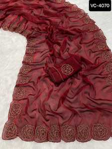 Indian Ethnic Wear Fancy Party Wear and Festival Wear Plain Saree with Beautiful Hendwork Saree with Running Handwork Blouse - Product Image 3