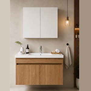 Ensemble de meubles de salle de bain mural avec armoire miroir et lavabo en céramique inclus pour les projets de construction d'hôtels et d'appartements - Product Image 1