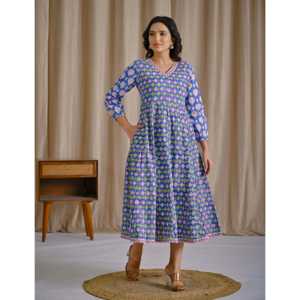 Vestido Anarkali Azul Estampado a Mano en Algodón, Ropa Americana - Product Image 3