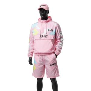 Ensemble short coupe-vent en nylon de haute qualité pour hommes, tissu extérieur, panneaux bicolores, logo imprimé à l'écran, ensemble short coupe-vent, taille plus - Product Image 1