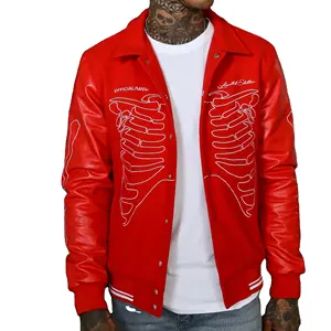 Best New Design 2023 Wholesale Men Custom Design Wool Vest With Leather Sleeves Jacket Embroidered Varsity Jacket