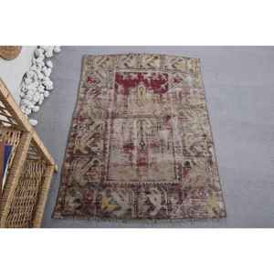 Vintage <b>Wool</b> Rug in <b>Red</b> Beige 9x12 Rectangle with Classic Geometric Patchwork Pattern for Entryway Plush 2.6x3.7ft Latex Backing - Product Image 1