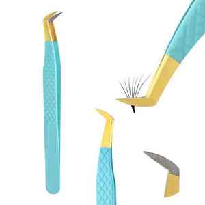 Wholesale Stainless Steel Eyelash <b>Tweezers</b> Tools Fiber Tip Grafted Lash <b>Tweezers</b> for Eyelash Extension Gold with Turquoise Color - Product Image 1