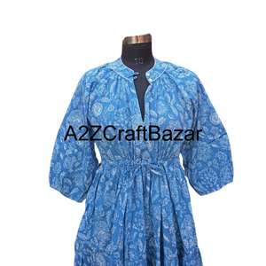 Robe mi-longue décontractée pour femme Himanshi, faite à la main, respirante, ample, à motif floral, manches longues, taille naturelle, tissu 100% coton - Product Image 3