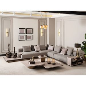 Sofá Seccional Moderno en Forma de L, Tapizado en Tela Gris, con Patas de Madera, Cojines Rellenos de Espuma y Brazos Acolchados para Sala de Estar - Product Image 1