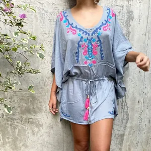 2025 vacaciones Kaftan suave gris con bordado media manga Mini vestido para mujer bordado Boho Chic Kimono Kaftan - Product Image 1